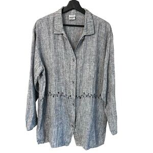 Marc Ware Floral Embroidered Linen Button Front Shirt Grey XL Lagenlook Coastal